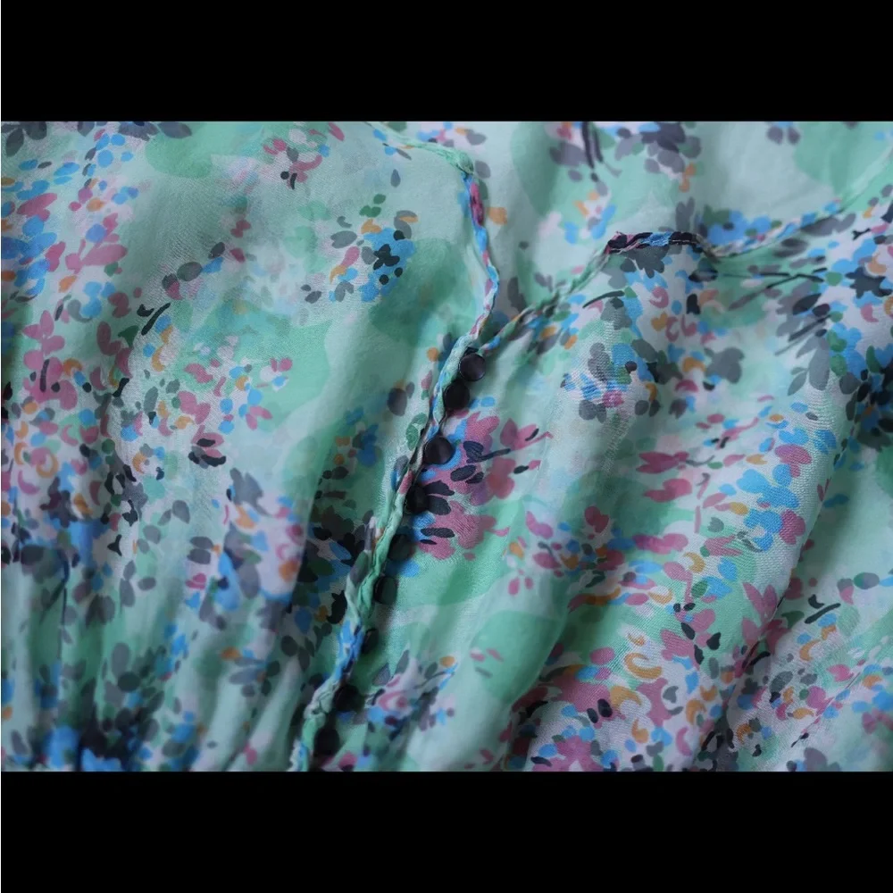 Vintage floral green semi sheer silk wide sleeve blouse top - Picture 7 of 7